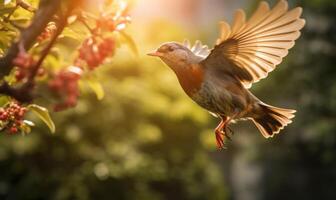 ai generiert Spatz im Flug mit öffnen Flügel, Nahansicht. foto