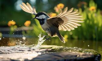 ai generiert großartig tit parus Haupt im ein Pfütze nach das Regen foto