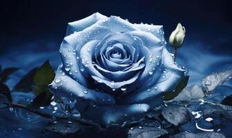 ai generiert schön Blau Rose mit Wasser Tropfen auf Blau Hintergrund. schließen hoch. foto