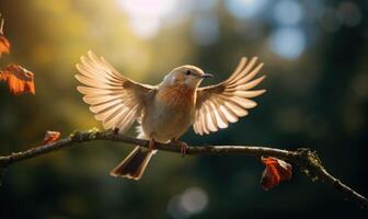 ai generiert Nahansicht Schuss von ein Spatz Vogel auf ein Ast im Natur foto