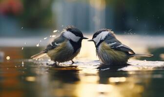 ai generiert zwei großartig tit Vögel, parus wesentlich, Trinken Wasser von ein Brunnen. foto