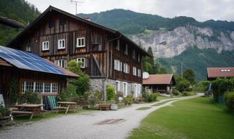 ai generiert modern Haus mit Solar- Paneele auf Dach und Berge im das Hintergrund. foto