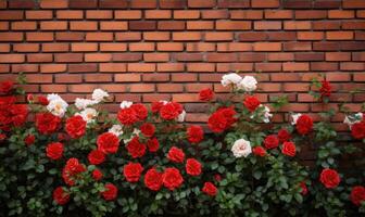 ai generiert rot und Weiß Rosen im das Garten mit rot Backstein Mauer Hintergrund. foto