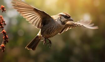 ai generiert Nahansicht Porträt von ein Spatz im Flug auf ein sonnig Tag foto