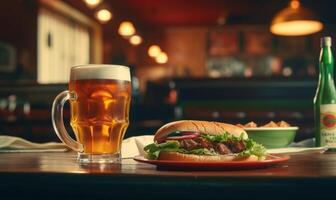 ai generiert Hamburger mit ein Glas von Bier auf ein Tabelle im ein Kneipe foto