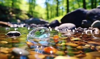 ai generiert gefroren Wasser im das Wald mit Eis Würfel und Kiesel. früh Frühling Landschaft foto