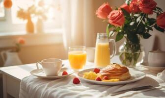 ai generiert ein Tasse von Kaffee auf ein hölzern Tabelle mit ein Strauß von Rosen im das Hintergrund foto