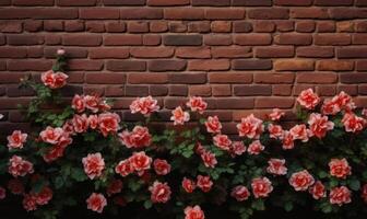 ai generiert rot Rosen auf ein Backstein Mauer Hintergrund mit Kopieren Raum zum Text foto