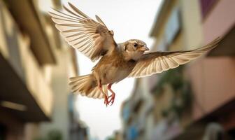 ai generiert ein Vogel fliegend entlang ein städtisch Straße, beleuchtet durch warm Sonnenlicht foto