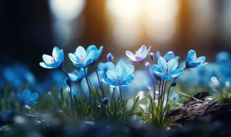 ai generiert Frühling Schneeglöckchen Blumen. schön Natur Szene mit Blühen Wald Blumen. foto