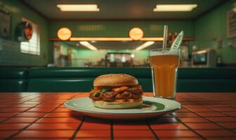 ai generiert Rindfleisch Burger mit Französisch Fritten und ein Glas von Bier im ein Kneipe foto