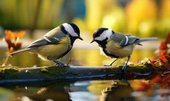 ai generiert zwei großartig tit Vögel, parus wesentlich, Trinken Wasser von ein Brunnen. foto