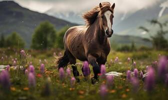 ai generiert schön isländisch Pferd Weiden lassen auf das Wiese mit Blühen Blumen foto