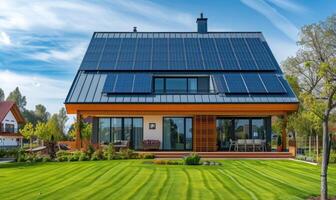 ai generiert modern Haus mit Solar- Paneele Eingerichtet auf das Dach. modern Haus mit Solar- Paneele Eingerichtet auf das Dach. foto