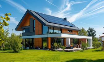 ai generiert modern Haus mit Solar- Paneele Eingerichtet auf das Dach. modern Haus mit Solar- Paneele Eingerichtet auf das Dach. foto