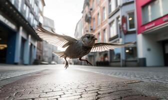 ai generiert ein Vogel fliegend entlang ein städtisch Straße, beleuchtet durch warm Sonnenlicht foto