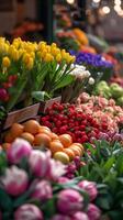 ai generiert Bauern' Markt Kopfgeld, Bauern' Markt Szene mit Stände randvoll mit frisch produzieren und Blumen, Hintergrund Bild, generativ ai foto