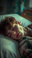 ai generiert Porträt von ein jung Weiß männlich Schlafen krank im ein Krankenhaus Bett mit ein schmerzte Gesicht, Hintergrund Bild, ai generiert foto