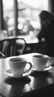 ai generiert Küsten Kaffee Datum, Paar oder freunde Sitzung beim ein Strand Cafe, Hintergrund Bild, generativ ai foto