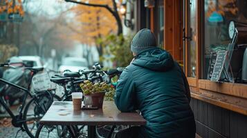 ai generiert Fahrrad und Kaffee, Radfahrer nehmen ein brechen beim ein gemütlich Cafe mit ein Fahrrad geparkt nahe, Hintergrund Bild, generativ ai foto