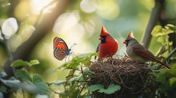 ai generiert Frühling Tierwelt, Tiere und Vögel genießen das Rückkehr von Wärmer Wetter, Hintergrund Bild, generativ ai foto