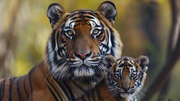 ai generiert Porträt von ein männlich Tiger mit ein wenig Tiger Jungtier, Hintergrund Bild, generativ ai foto