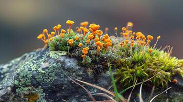 ai generiert Miniatur Welt von Flechte wachsend auf ein Stein, Erfassen das symbiotisch Beziehung zwischen Pilze und Algen, generativ ai foto