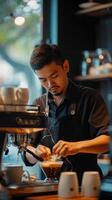 ai generiert Strand Barista, Barista beim Arbeit im ein Strand Cafe, Hintergrund Bild, generativ ai foto