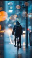 ai generiert Fahrrad pendeln im das Stadt, Pendler auf ein Fahrrad navigieren durch Stadt Verkehr, Hintergrund Bild, generativ ai foto