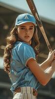 ai generiert Porträt von ein jung Weiß weiblich tragen Baseball Spieler Uniform im Aktion, Hintergrund Bild, ai generiert foto