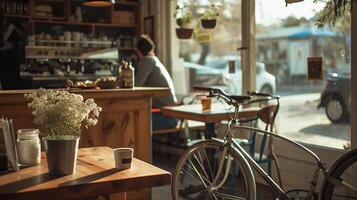 ai generiert Fahrrad und Kaffee, Radfahrer nehmen ein brechen beim ein gemütlich Cafe mit ein Fahrrad geparkt nahe, Hintergrund Bild, generativ ai foto