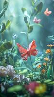 ai generiert Origami Garten, veranschaulichen ein zauberhaft Garten Szene mit Origami Blumen, Pflanzen und Schmetterlinge, Hintergrund Bild, generativ ai foto