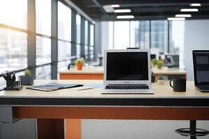 ai generiert Werkbank gegen Büro Raum Hintergrund, Hintergrund Bild, generativ ai foto