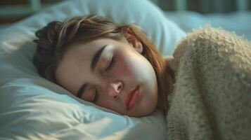 ai generiert Porträt von ein jung Weiß weiblich Schlafen krank im ein Krankenhaus Bett mit ein schmerzte Gesicht, Hintergrund Bild, ai generiert foto