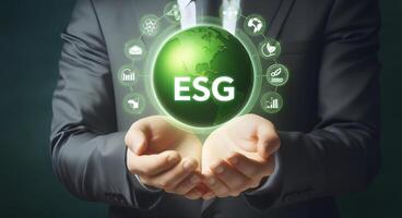 ai generiert esg Symbol Konzept zum Umwelt, Sozial, und Führung im nachhaltig und ethisch Geschäft auf das Netzwerk. generativ ai. foto