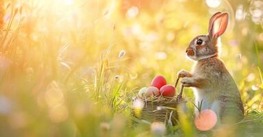 ai generiert Ostern Hase mit ein Korb von Eier. glücklich Ostern Hase auf ein Karte auf ihr Hinter Beine mit Blumen beim Sonnenuntergang. süß Hase foto