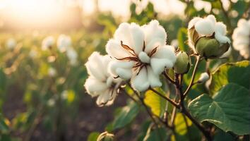 ai generiert Baumwolle Blume Ast auf Natur foto