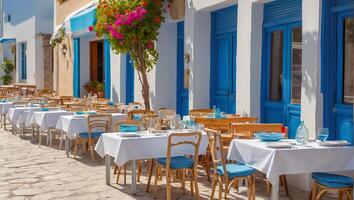 ai generiert Sommer- Cafe auf das Straße im Griechenland foto