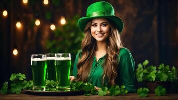 ai generiert schön Mädchen mit ein Glas von Grün Bier, tragen ein Hut mit Kleeblatt Blätter Hintergrund foto