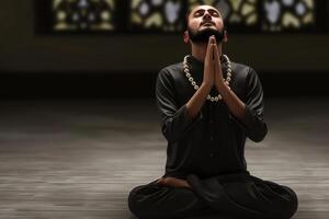 ai generiert Menschen tragen schwarz Mode mit Halskette beten zu seine Gott foto