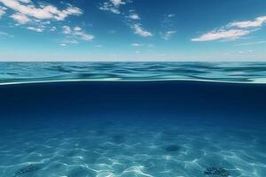 ai generiert Blau Meer Ozean Wasser Oberfläche und dunkel unter Wasser mit sonnig und wolkig Himmel, mit Wasser Betrachtung foto