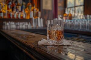 ai generiert ein Glas von Whiskey auf das Bar im Vorderseite von das Bar foto