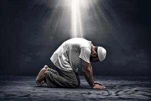 ai generiert ein Moslem bedauern seine Entscheidung, versuchen zu suchen Vergebung von Gott unter das Licht foto