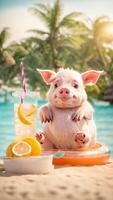 ai generiert süß Schwein im ein Schwimmen Ring haben ein Cocktail auf das Strand foto