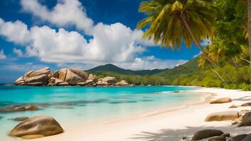 ai generiert großartig sonnig Strand im Seychellen foto