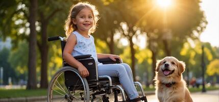 ai generiert wenig Mädchen im ein Rollstuhl auf das Straße mit ein Hund foto