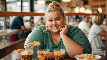 ai generiert Porträt von ein sehr Fett Frau im ein Cafe foto