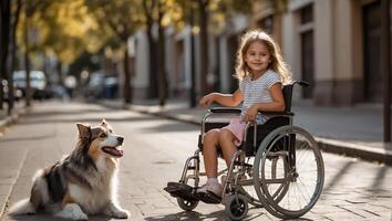 ai generiert wenig Mädchen im ein Rollstuhl auf das Straße mit ein Hund foto