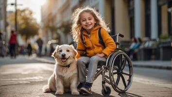 ai generiert wenig Mädchen im ein Rollstuhl auf das Straße mit ein Hund foto