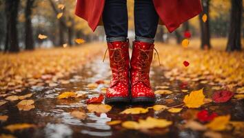 ai generiert Füße im Stiefel Herbst foto